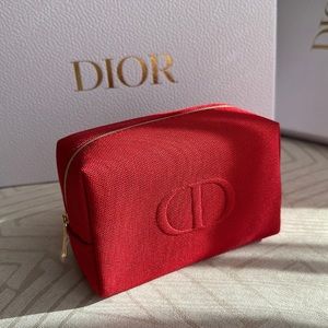COPY - Dior Beauty Red Canvas Embossed Logo Makeup Toiletry Bag Zip Pouch
